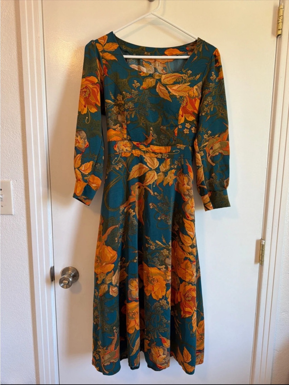 Teal Floral Fit-and-Flare Midi Dress with Long Sleeves